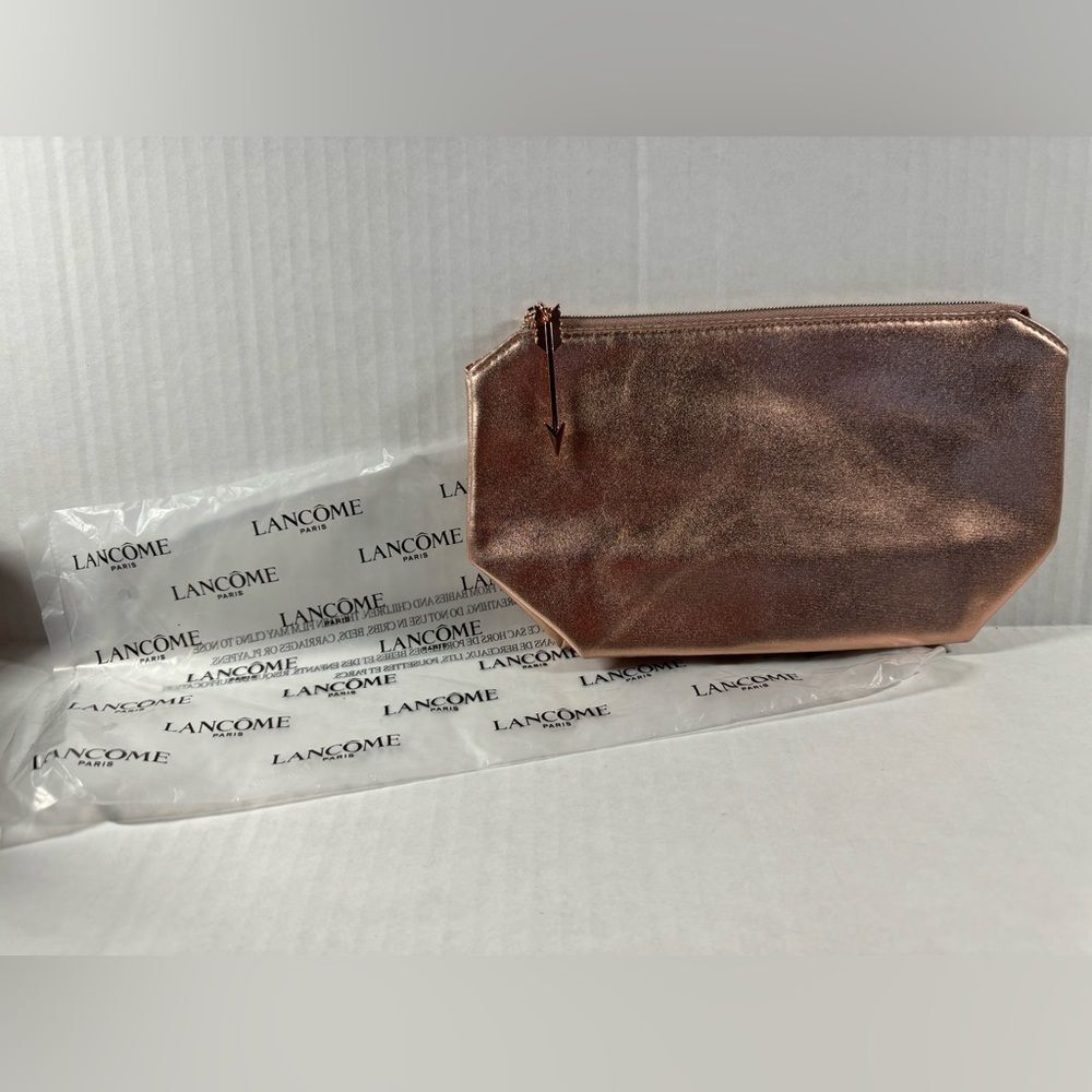 Lancome Metallic Rose Gold Zip Cosmetic Makeup Bag NEW